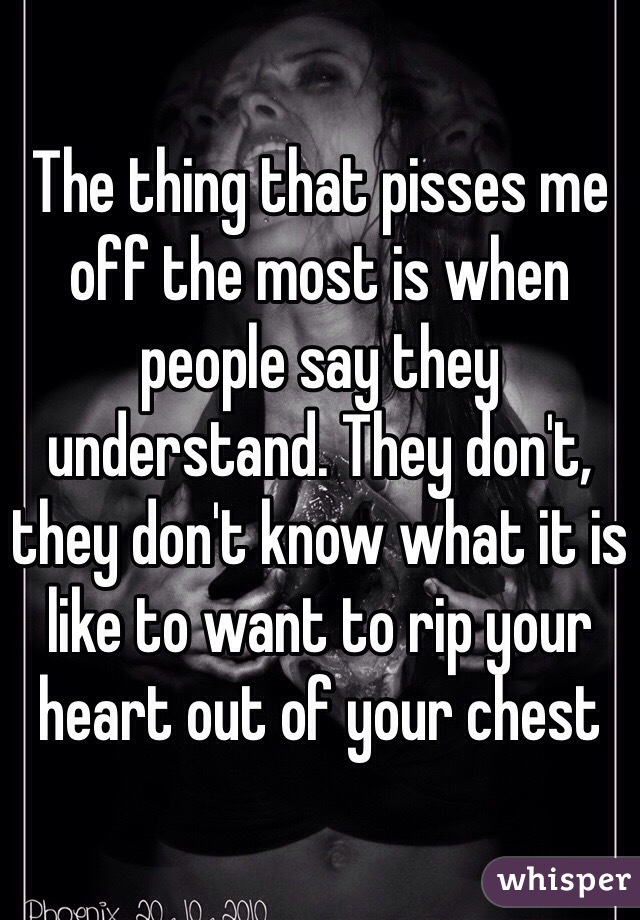 The thing that pisses me off the most is when people say they understand. They don't, they don't know what it is like to want to rip your heart out of your chest 