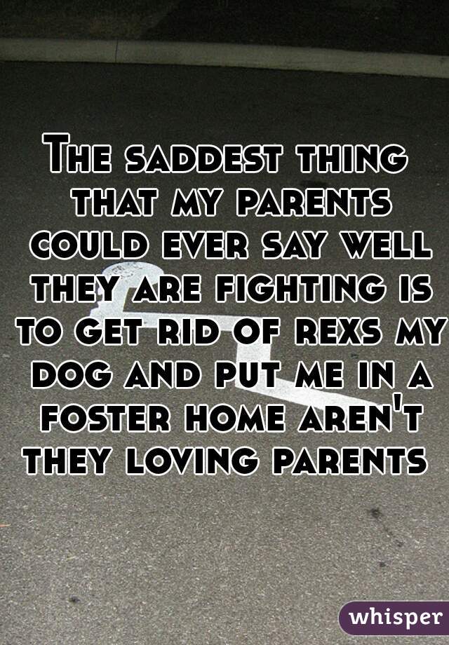 The saddest thing that my parents could ever say well they are fighting is to get rid of rexs my dog and put me in a foster home aren't they loving parents 