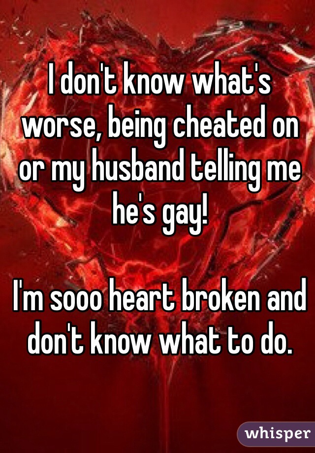 I don't know what's worse, being cheated on or my husband telling me he's gay! 

I'm sooo heart broken and don't know what to do. 