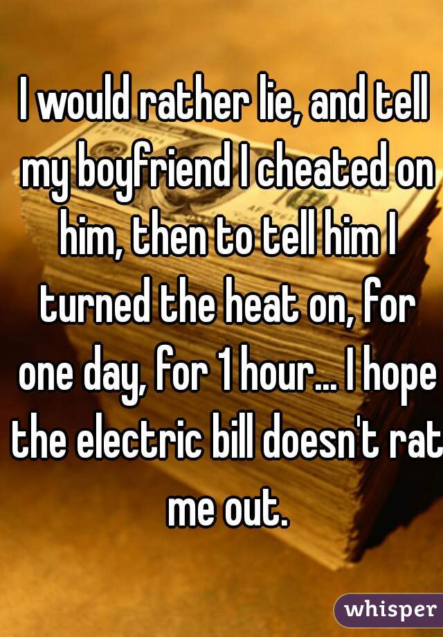 I would rather lie, and tell my boyfriend I cheated on him, then to tell him I turned the heat on, for one day, for 1 hour... I hope the electric bill doesn't rat me out.