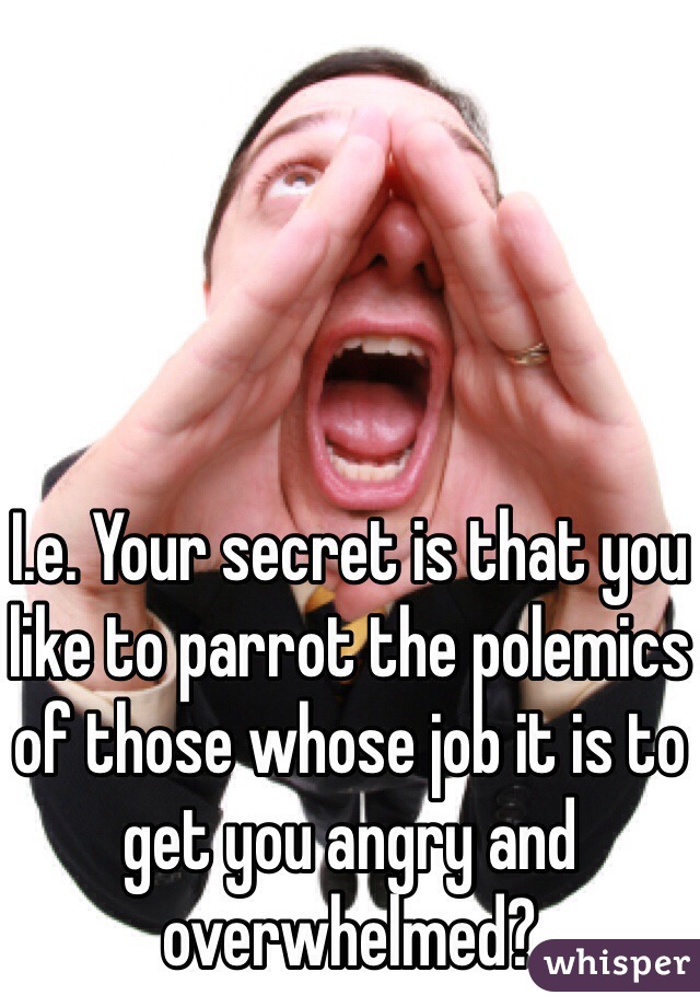 I.e. Your secret is that you like to parrot the polemics of those whose job it is to get you angry and overwhelmed? 