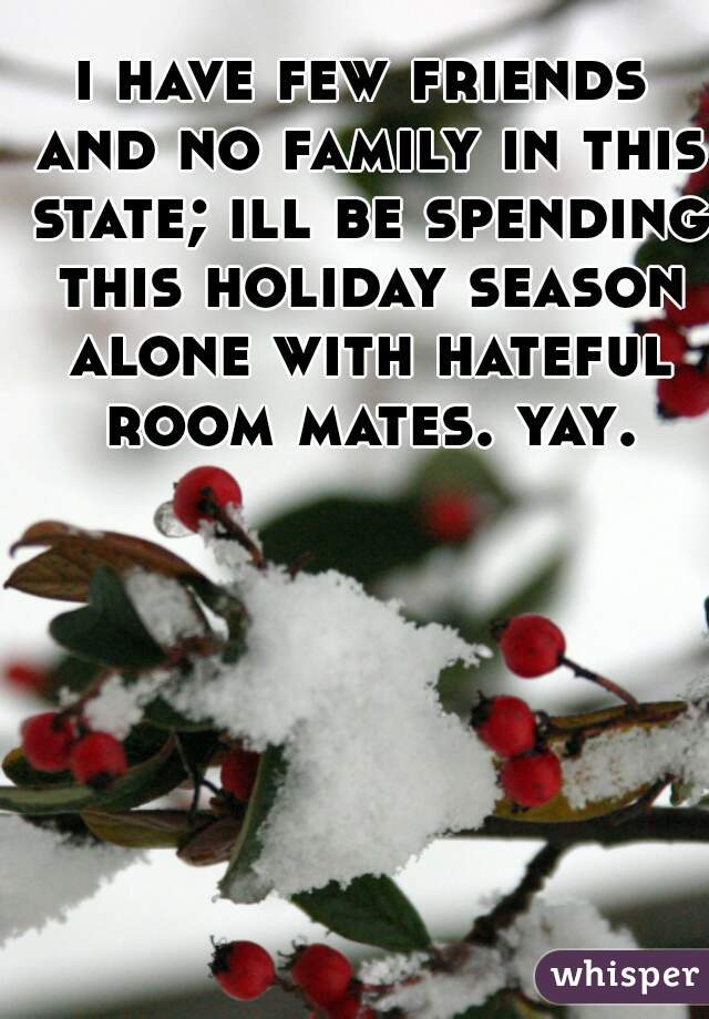 i have few friends and no family in this state; ill be spending this holiday season alone with hateful room mates. yay.