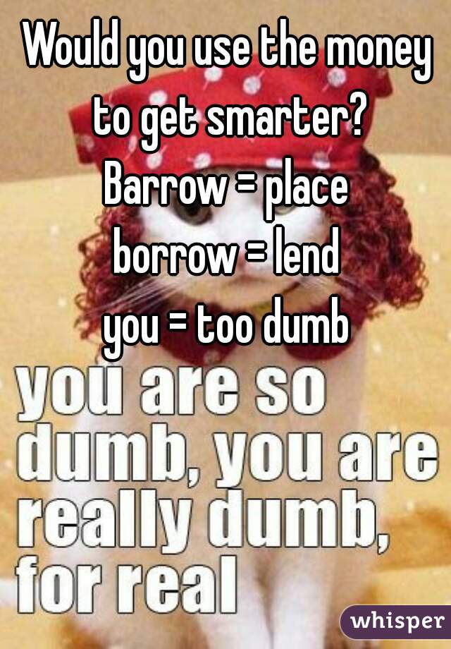 Would you use the money to get smarter?

Barrow = place

borrow = lend

you = too dumb