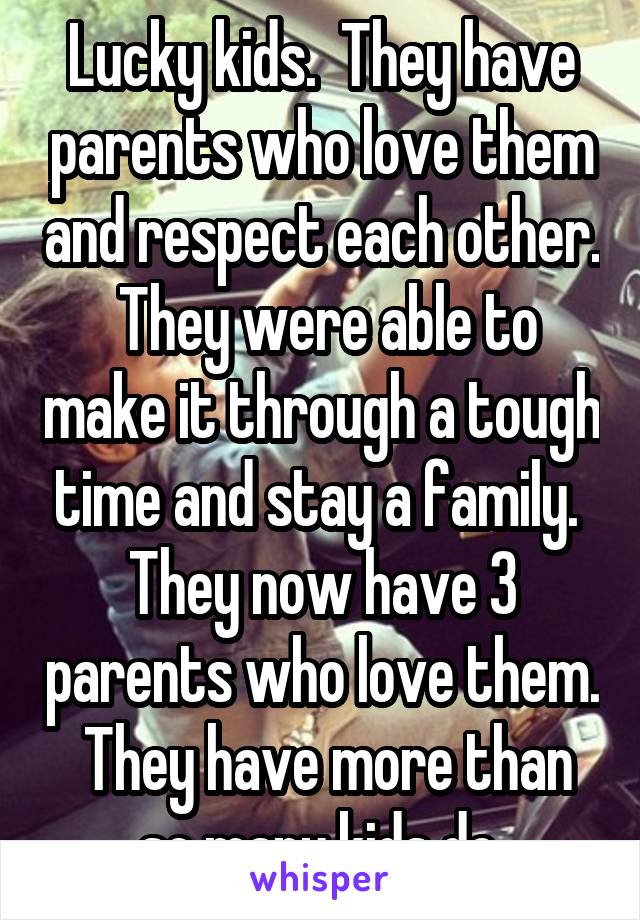 Lucky kids.  They have parents who love them and respect each other.  They were able to make it through a tough time and stay a family.  They now have 3 parents who love them.  They have more than so many kids do.