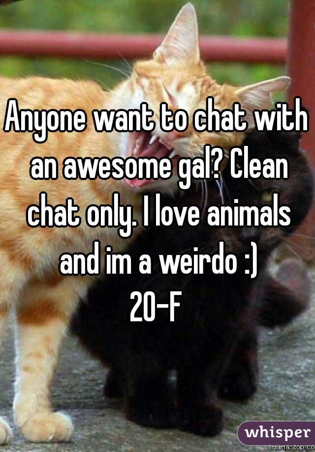 Anyone want to chat with an awesome gal? Clean chat only. I love animals and im a weirdo :)
20-F