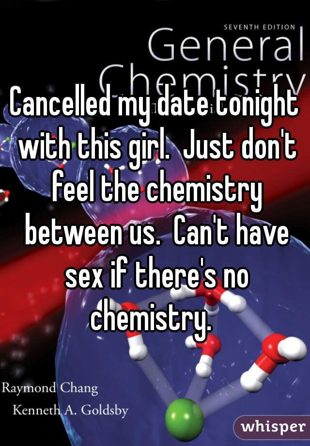 Cancelled my date tonight with this girl.  Just don't feel the chemistry between us.  Can't have sex if there's no chemistry.  