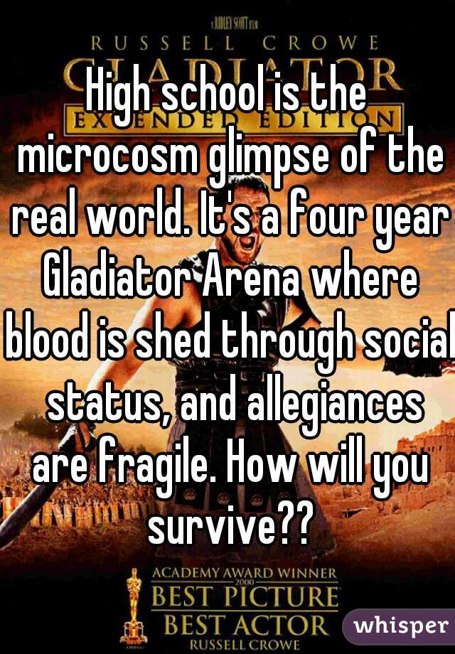 High school is the microcosm glimpse of the real world. It's a four year Gladiator Arena where blood is shed through social  status, and allegiances are fragile. How will you survive??