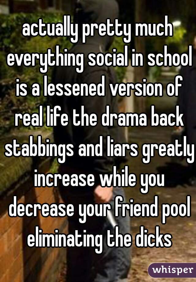 actually pretty much everything social in school is a lessened version of real life the drama back stabbings and liars greatly increase while you decrease your friend pool eliminating the dicks