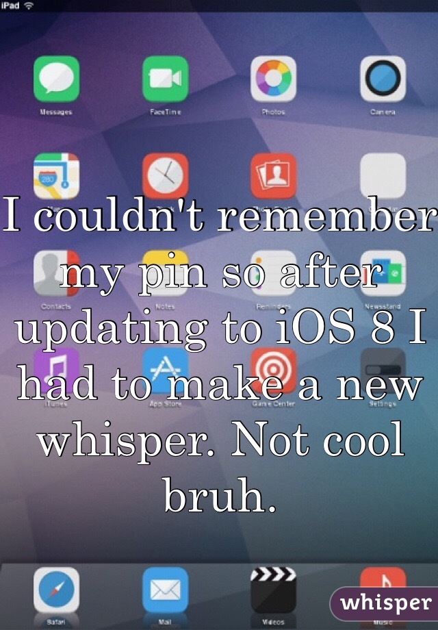 I couldn't remember my pin so after updating to iOS 8 I had to make a new whisper. Not cool bruh.