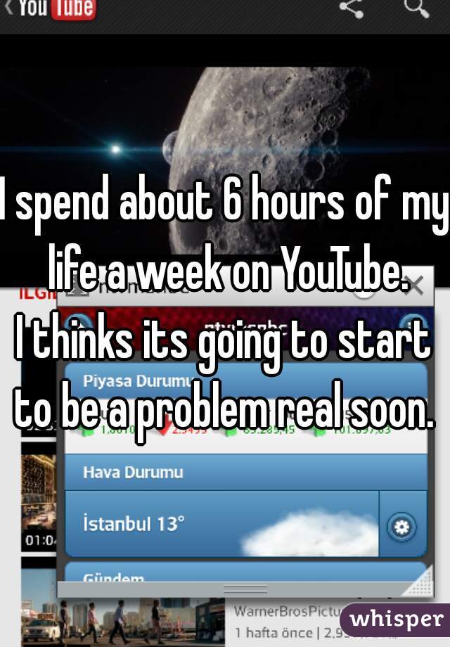 I spend about 6 hours of my life a week on YouTube.
I thinks its going to start to be a problem real soon. 
