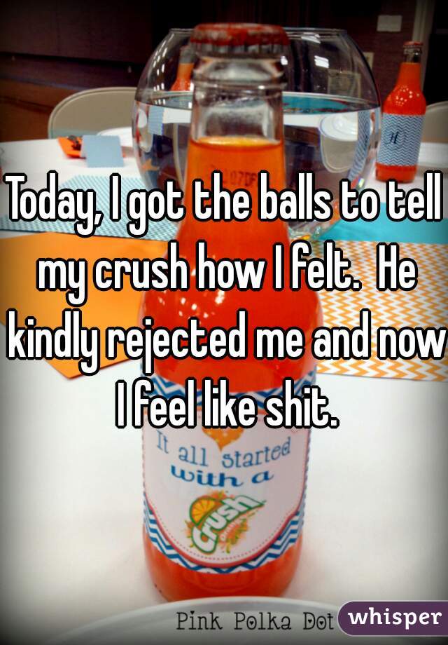 Today, I got the balls to tell my crush how I felt.  He kindly rejected me and now I feel like shit.