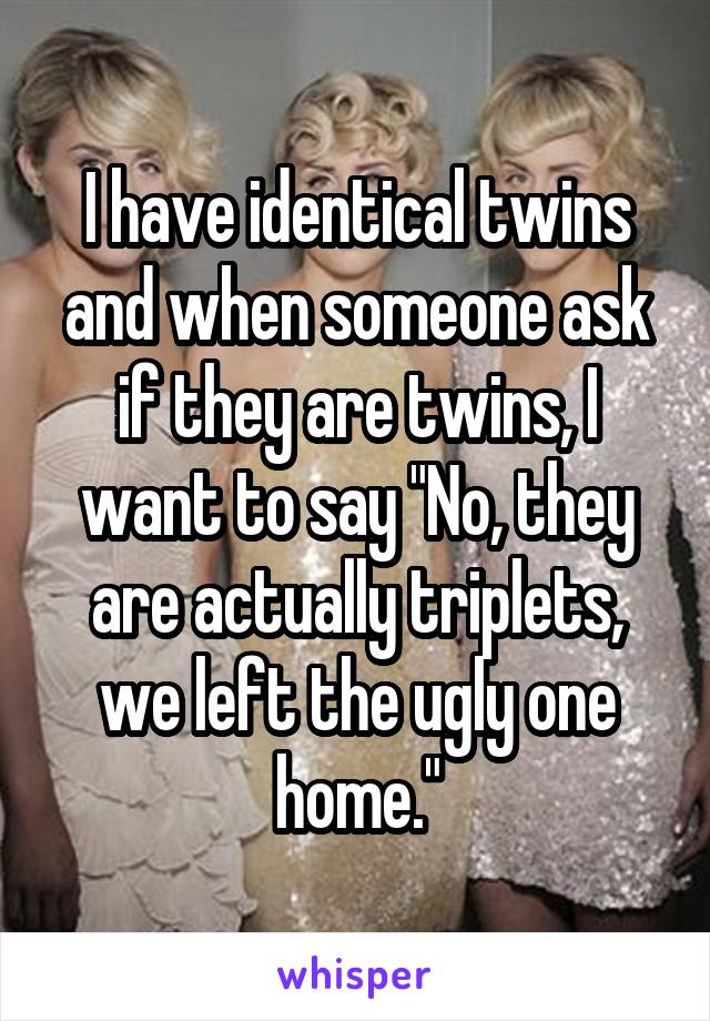 I have identical twins and when someone ask if they are twins, I want to say "No, they are actually triplets, we left the ugly one home."