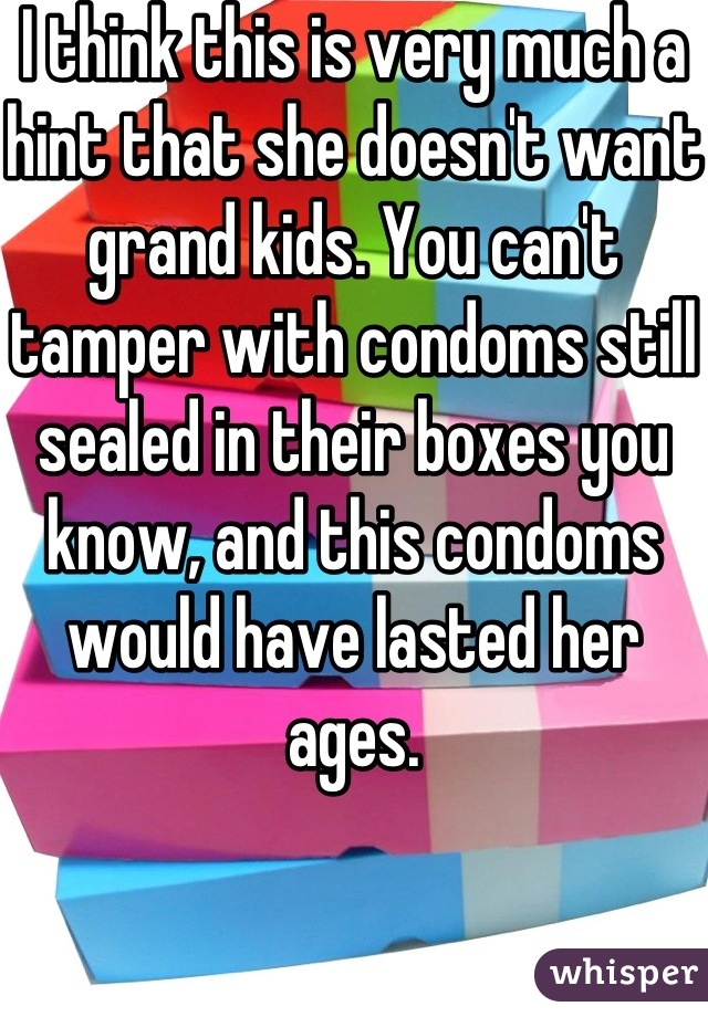 I think this is very much a hint that she doesn't want grand kids. You can't tamper with condoms still sealed in their boxes you know, and this condoms would have lasted her ages.
