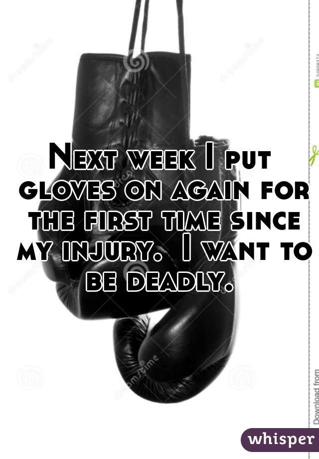 Next week I put gloves on again for the first time since my injury.  I want to be deadly. 