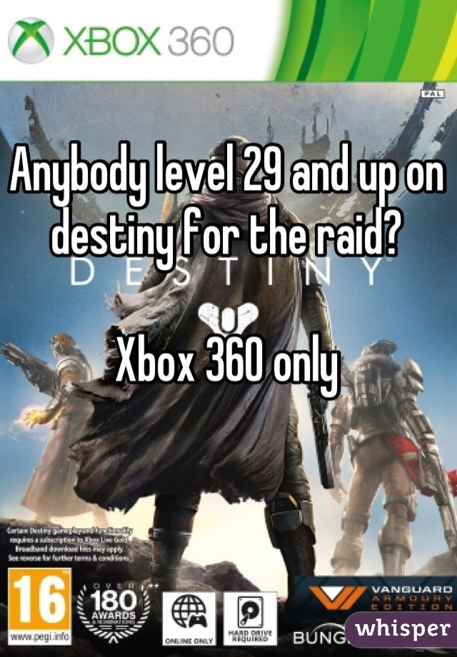 Anybody level 29 and up on destiny for the raid?

Xbox 360 only