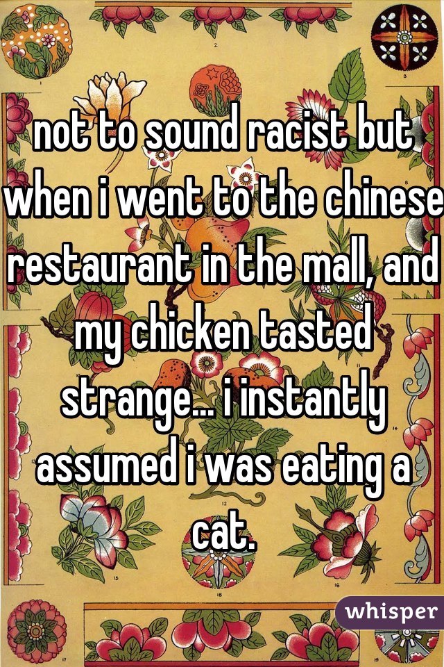 not to sound racist but when i went to the chinese restaurant in the mall, and my chicken tasted strange... i instantly assumed i was eating a cat.