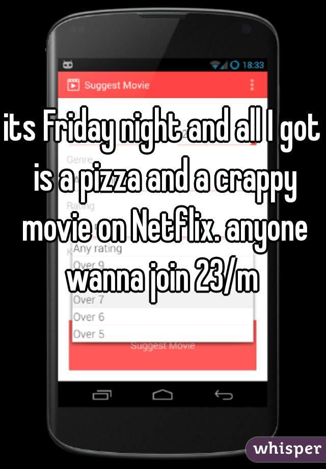 its Friday night and all I got is a pizza and a crappy movie on Netflix. anyone wanna join 23/m 