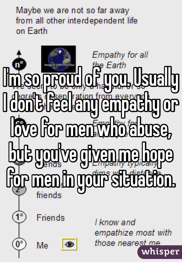 I'm so proud of you. Usually I don't feel any empathy or love for men who abuse, but you've given me hope for men in your situation.