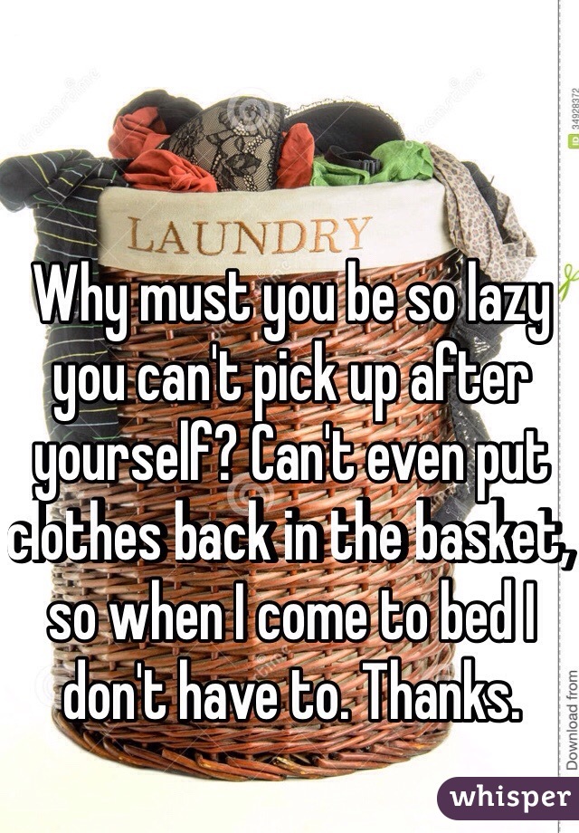 Why must you be so lazy you can't pick up after yourself? Can't even put clothes back in the basket, so when I come to bed I don't have to. Thanks.