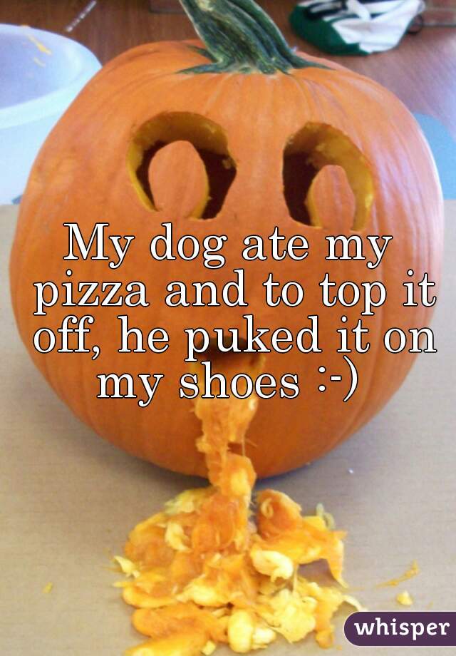 My dog ate my pizza and to top it off, he puked it on my shoes :-) 