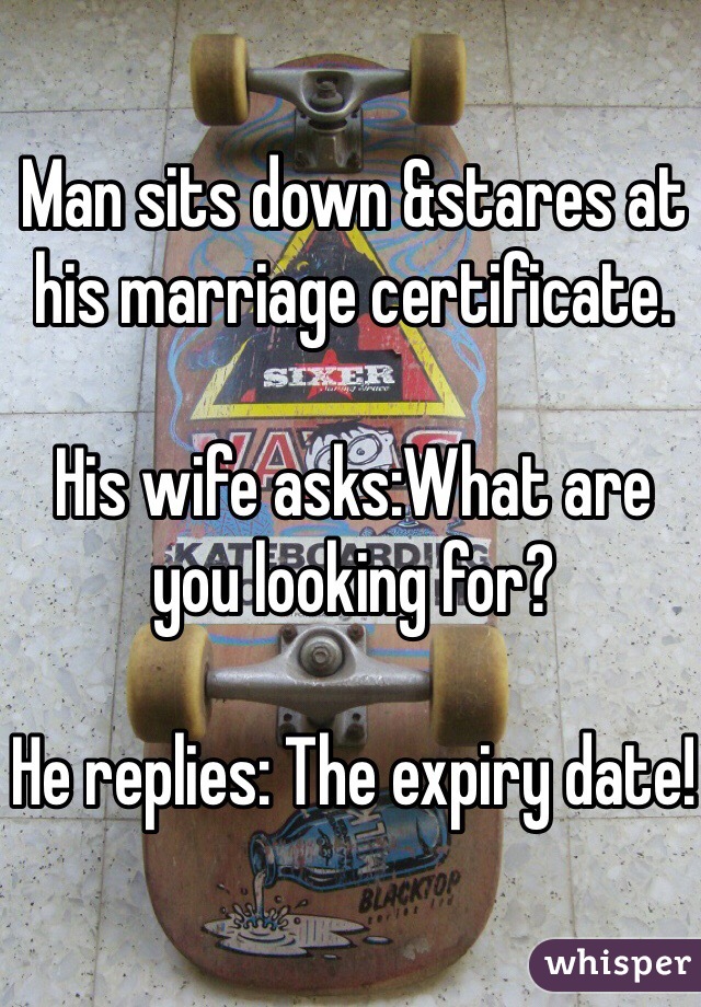 Man sits down &stares at his marriage certificate.

His wife asks:What are you looking for?

He replies: The expiry date!