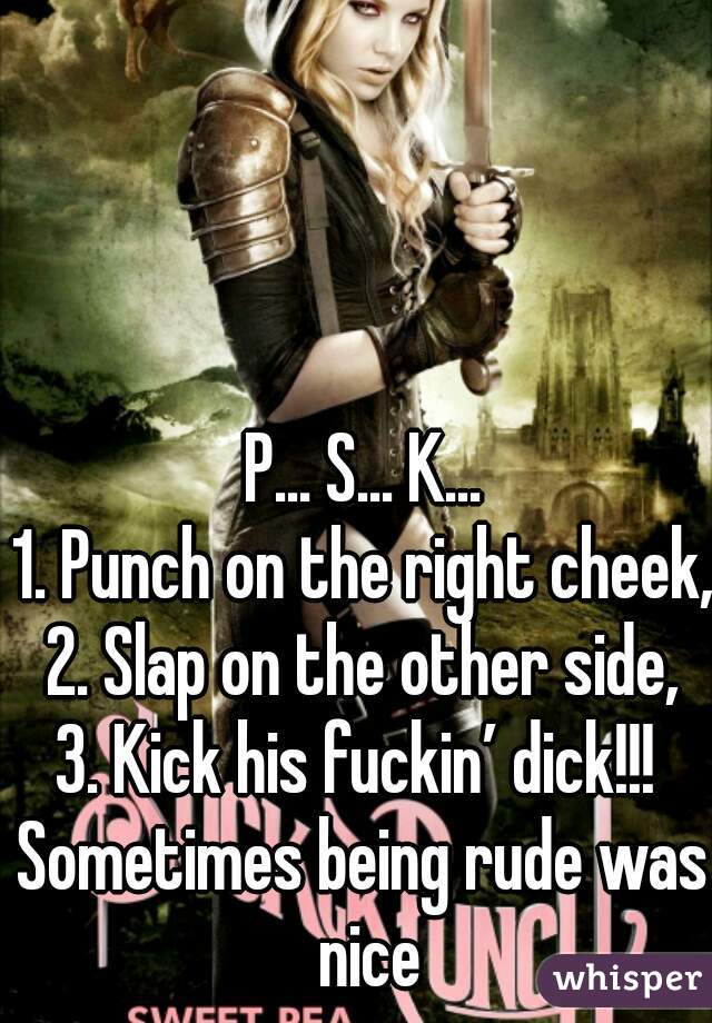 P... S... K...
1. Punch on the right cheek,
2. Slap on the other side,
3. Kick his fuckin’ dick!!! 
Sometimes being rude was nice
