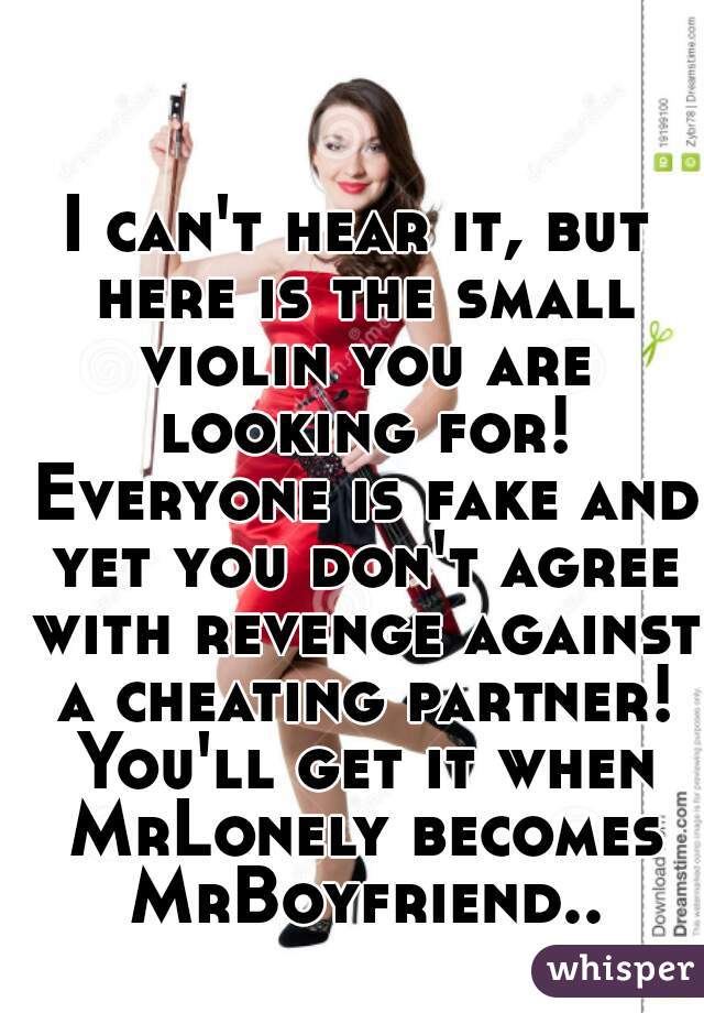 I can't hear it, but here is the small violin you are looking for! Everyone is fake and yet you don't agree with revenge against a cheating partner! You'll get it when MrLonely becomes MrBoyfriend..