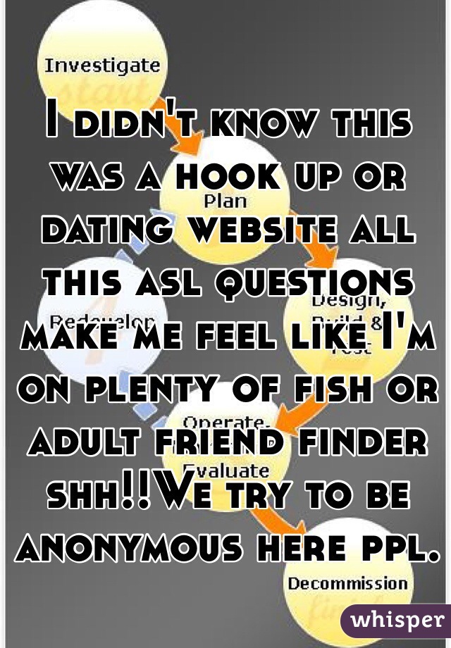 I didn't know this was a hook up or dating website all this asl questions make me feel like I'm on plenty of fish or adult friend finder shh!!We try to be anonymous here ppl. 