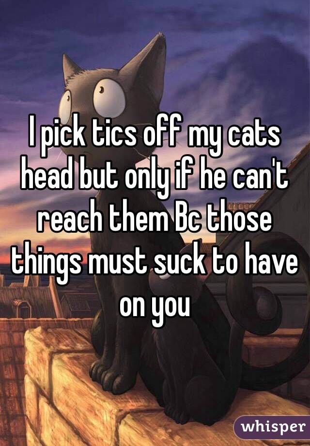 I pick tics off my cats head but only if he can't reach them Bc those things must suck to have on you 