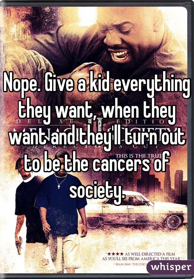 Nope. Give a kid everything they want, when they want and they'll turn out to be the cancers of society.