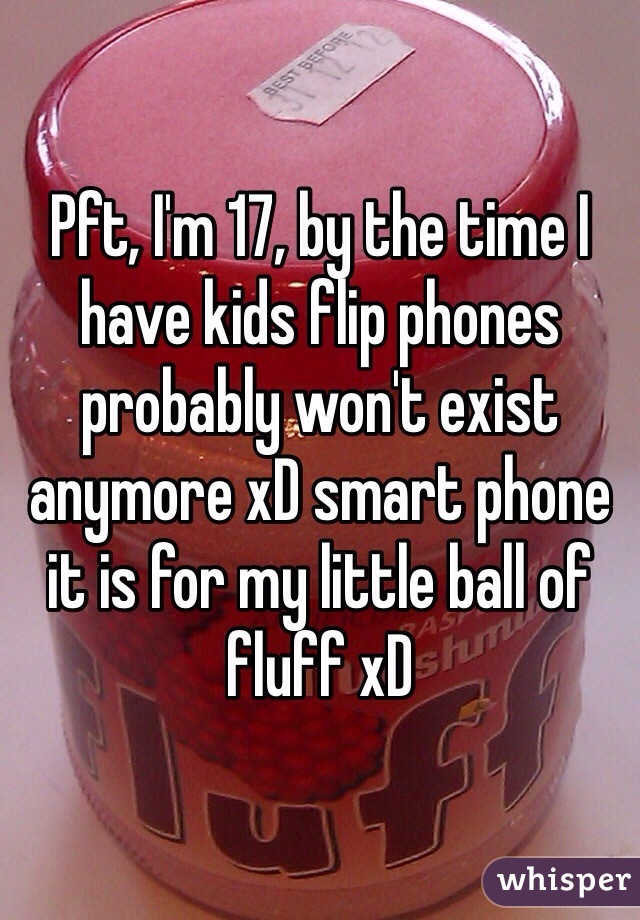 Pft, I'm 17, by the time I have kids flip phones probably won't exist anymore xD smart phone it is for my little ball of fluff xD