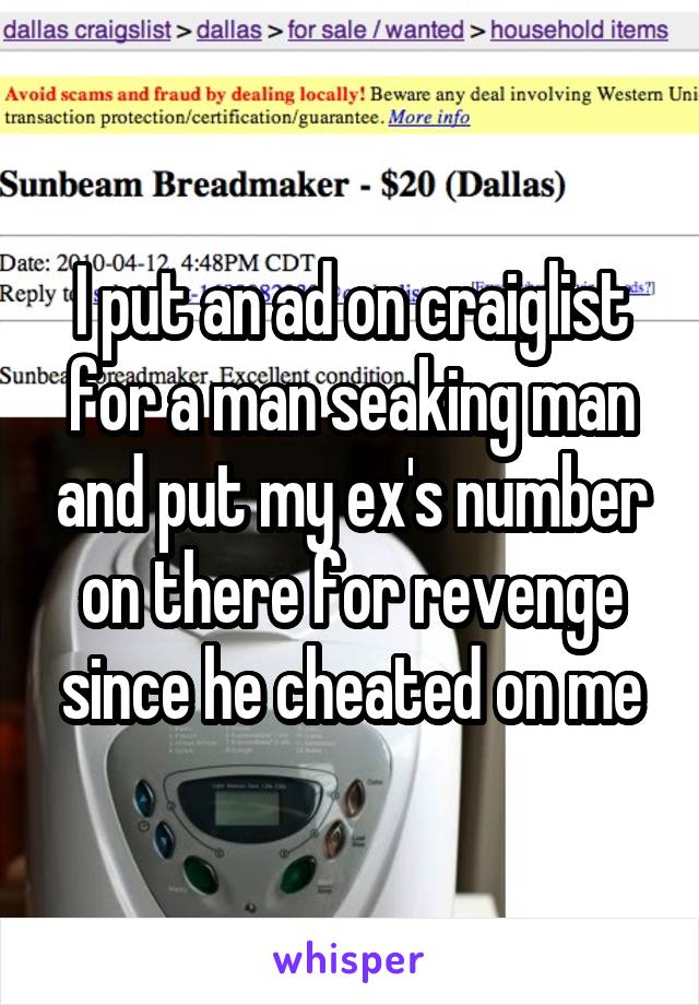 I put an ad on craiglist for a man seaking man and put my ex's number on there for revenge since he cheated on me