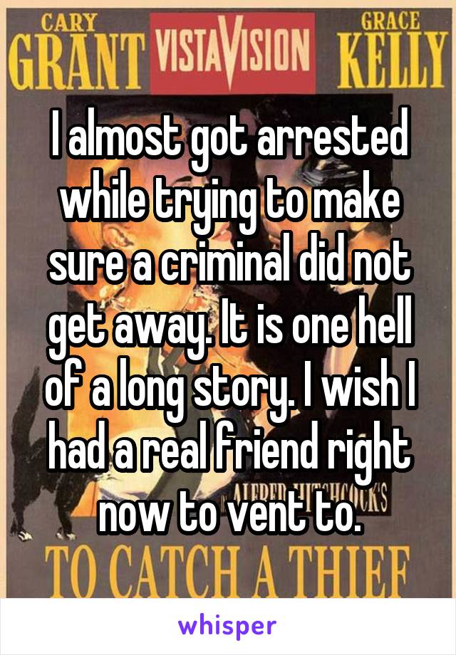 I almost got arrested while trying to make sure a criminal did not get away. It is one hell of a long story. I wish I had a real friend right now to vent to.
