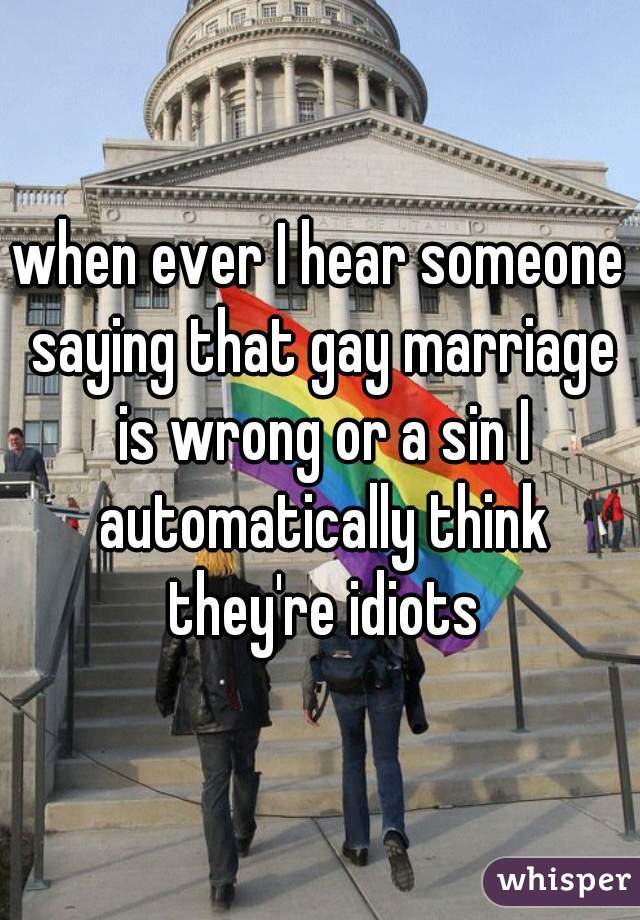 when ever I hear someone saying that gay marriage is wrong or a sin I automatically think they're idiots