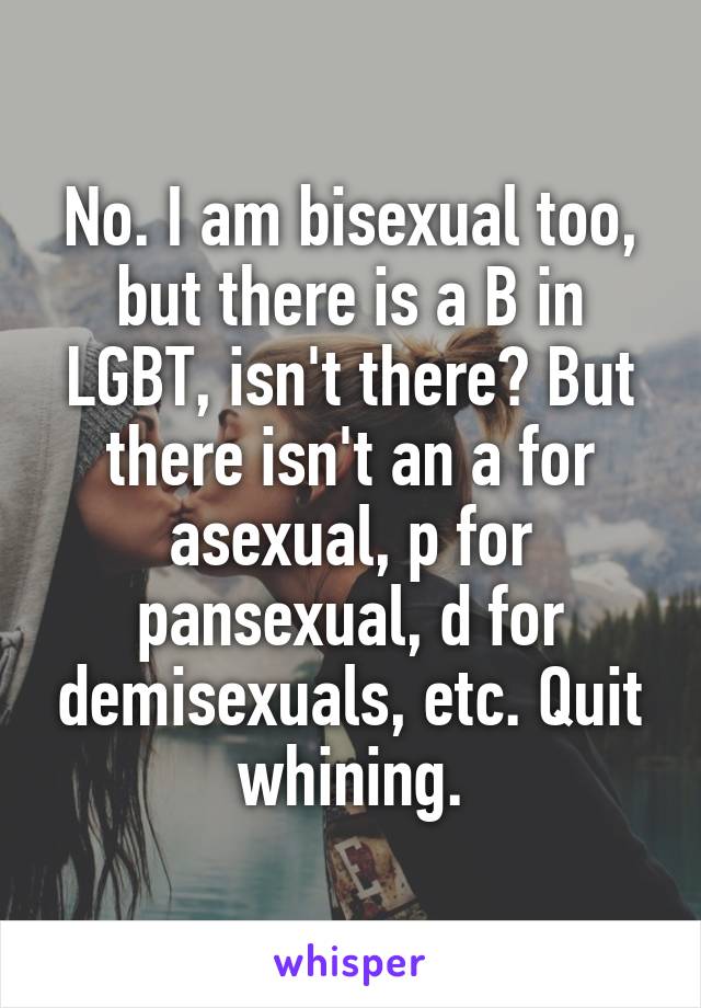 No. I am bisexual too, but there is a B in LGBT, isn't there? But there isn't an a for asexual, p for pansexual, d for demisexuals, etc. Quit whining.