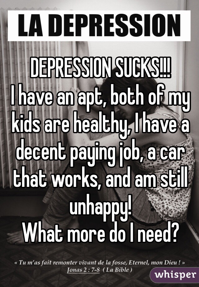 DEPRESSION SUCKS!!!
I have an apt, both of my kids are healthy, I have a decent paying job, a car that works, and am still unhappy!
What more do I need? 