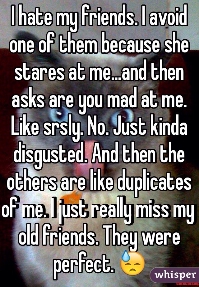 I hate my friends. I avoid one of them because she stares at me...and then asks are you mad at me. Like srsly. No. Just kinda disgusted. And then the others are like duplicates of me. I just really miss my old friends. They were perfect. 😓