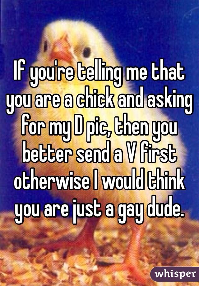 If you're telling me that you are a chick and asking for my D pic, then you better send a V first otherwise I would think you are just a gay dude. 