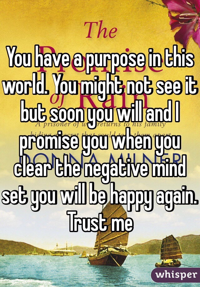 You have a purpose in this world. You might not see it but soon you will and I promise you when you clear the negative mind set you will be happy again. Trust me 