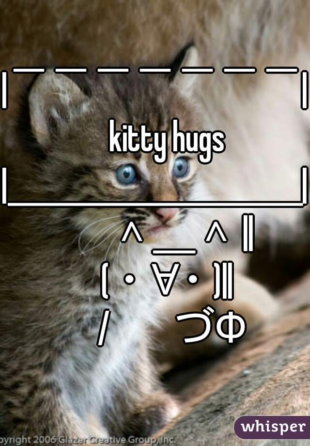 |￣￣￣￣￣￣￣|
     kitty hugs 
|＿＿＿＿＿＿＿|
　  ∧＿∧ ||
    (  ･∀･ )||
　/ 　  づΦ 