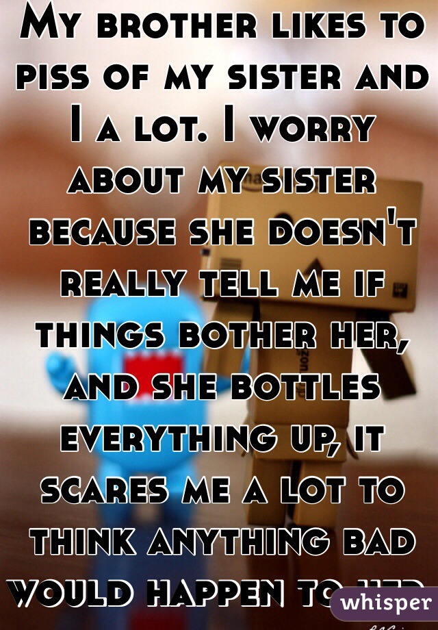 My brother likes to piss of my sister and I a lot. I worry about my sister because she doesn't really tell me if things bother her, and she bottles everything up, it scares me a lot to think anything bad would happen to her. 