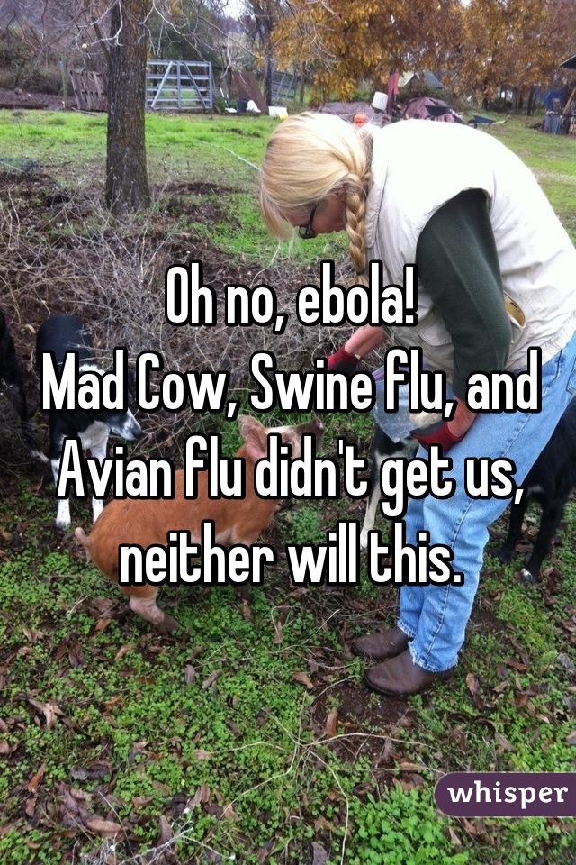 Oh no, ebola!
Mad Cow, Swine flu, and Avian flu didn't get us, neither will this.