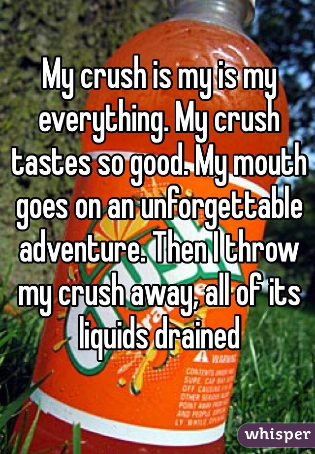 My crush is my is my everything. My crush tastes so good. My mouth goes on an unforgettable adventure. Then I throw my crush away, all of its liquids drained

