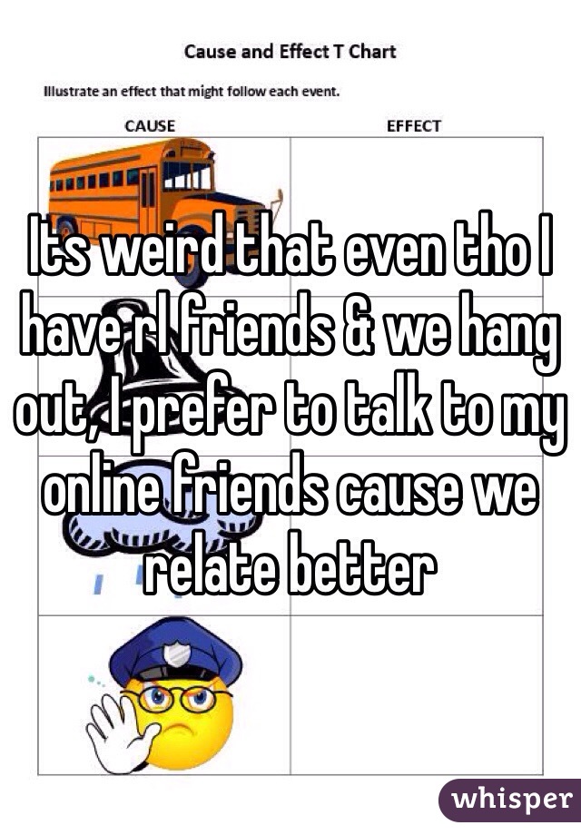 Its weird that even tho I have rl friends & we hang out, I prefer to talk to my online friends cause we relate better 