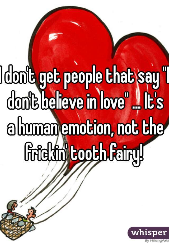 I don't get people that say "I don't believe in love" ... It's a human emotion, not the frickin' tooth fairy! 