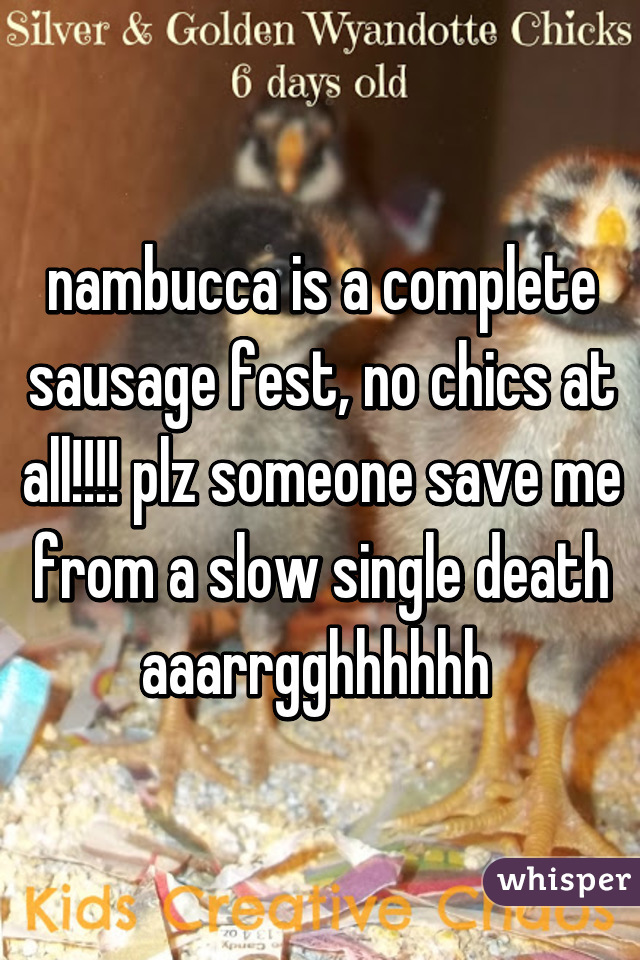 nambucca is a complete sausage fest, no chics at all!!!! plz someone save me from a slow single death aaarrgghhhhhh 