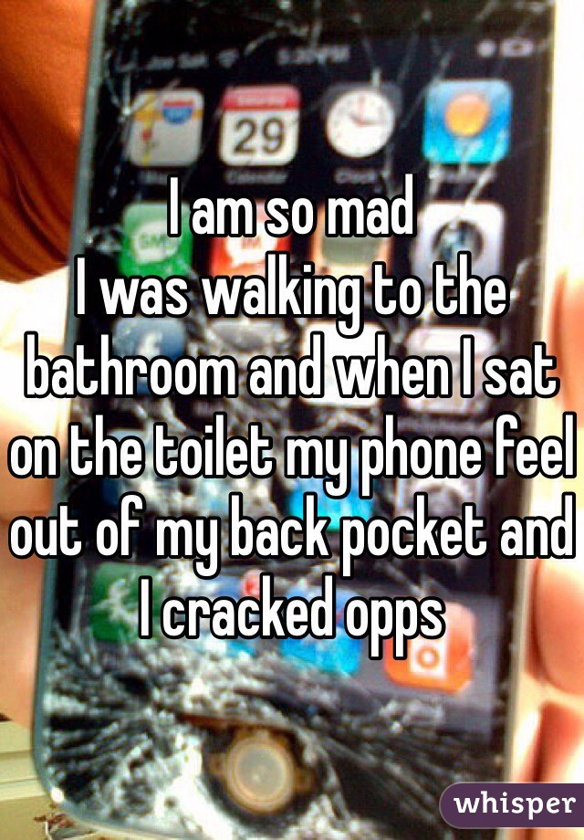 I am so mad 
I was walking to the bathroom and when I sat on the toilet my phone feel out of my back pocket and I cracked opps
