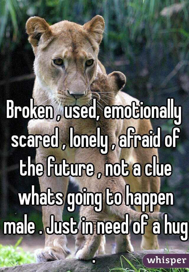 Broken , used, emotionally scared , lonely , afraid of the future , not a clue whats going to happen male . Just in need of a hug . 