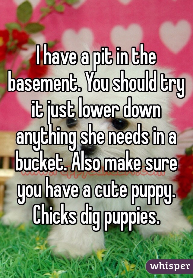 I have a pit in the basement. You should try it just lower down anything she needs in a bucket. Also make sure you have a cute puppy. Chicks dig puppies.