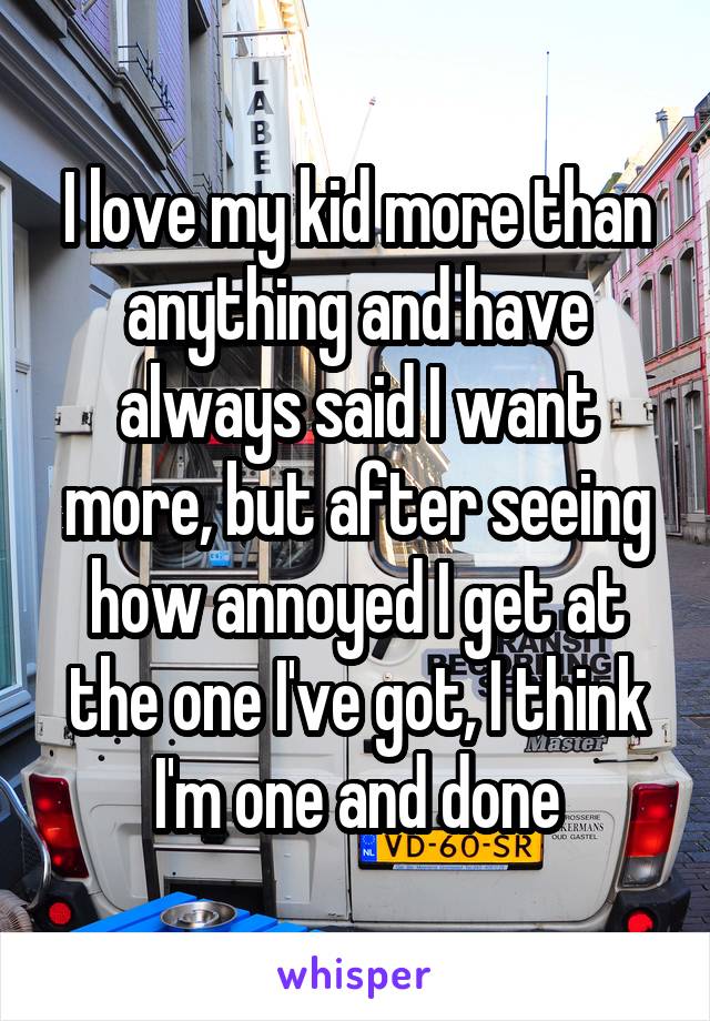 I love my kid more than anything and have always said I want more, but after seeing how annoyed I get at the one I've got, I think I'm one and done